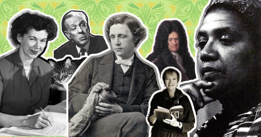 Photos of Beverly Cleary, Madeleine L'Engle, Jorge Luis Borges, Gottfried Wilhelm Leibniz, Audre Lorde, and Charles Dodgson