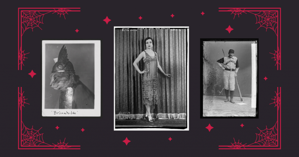 Archival photos of a flapper, a cat dressed as a Viking, and a baseball player