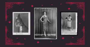 Archival photos of a flapper, a cat dressed as a Viking, and a baseball player