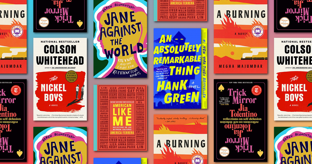 Book covers: The Nickel Boys, Trick Mirror, A Burning, Jane Against the World, American Like Me, An Absolutely Remarkable Thing