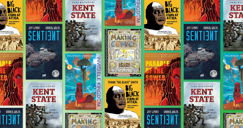 Book covers: Sentient, Kent State, Big Black, Parable of the Sower, Making Comics, Invisible Kingdom