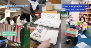Stills from library TikTok videos, including a cat lying on a book cart, a person repairing a damaged book, and two librarians sitting on a couch