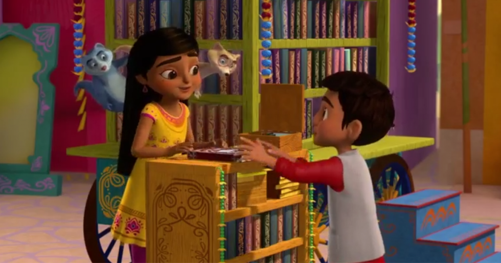Still from the animated show Mira Royal Detective in which the protagonist and her animal helpers check out a library book to a friend