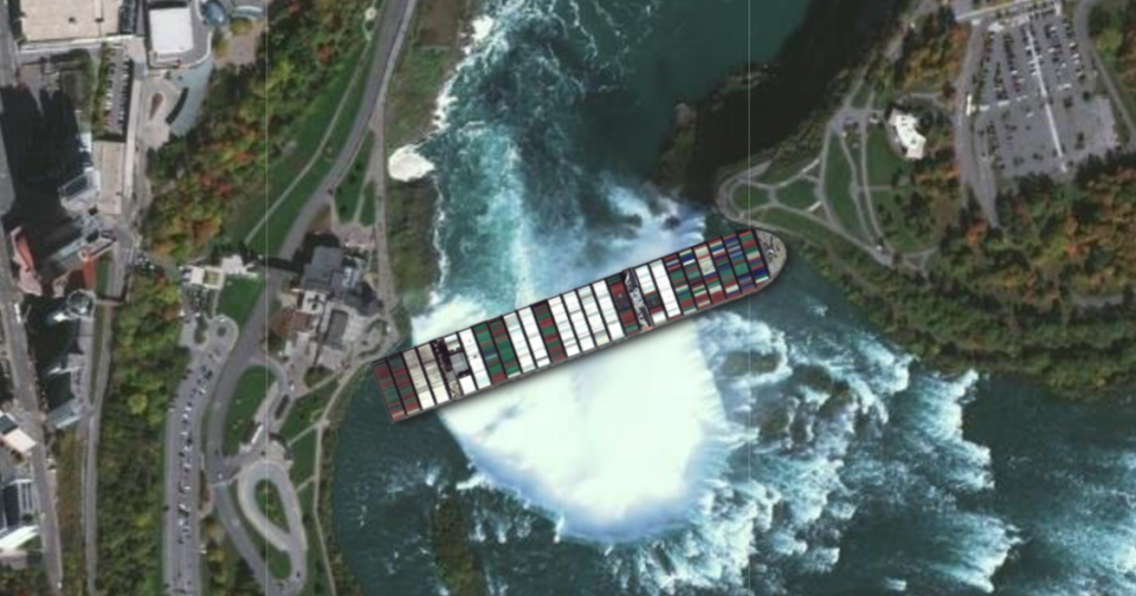 Image of the Ever Given cargo ship blocking Niagara Falls