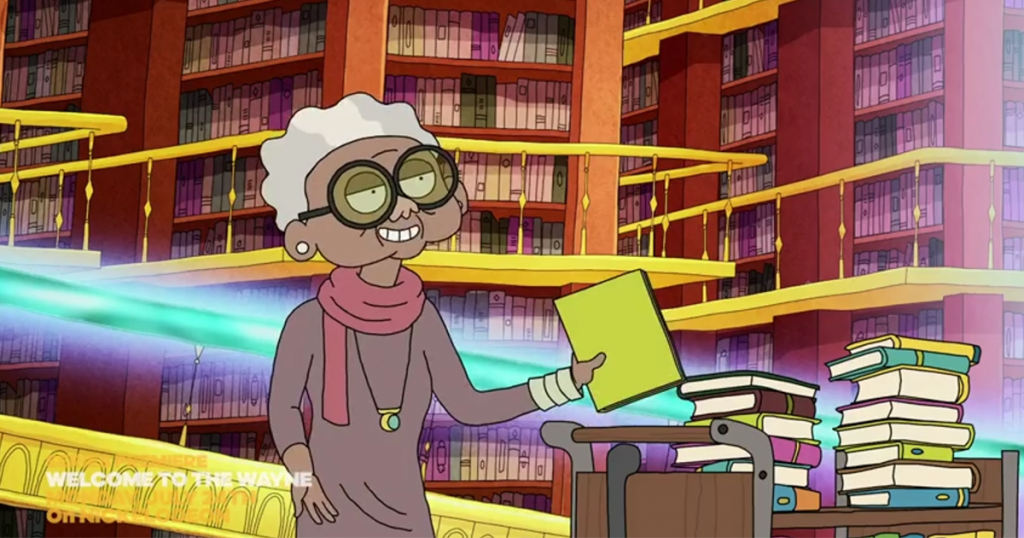 Still from the animated series Welcome to the Wayne featuring librarian Clara Rhone