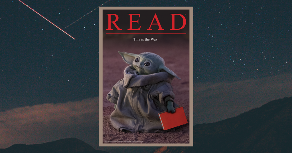 ALA Read poster: Baby Yoda holding a book (READ, this is the way)