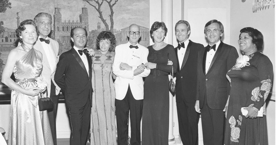 Photograph of a group at the 1974 Newbery-Caldecott banquet. From left to right: Priscilla Moulton (Newbery-Caldecott Selection Committee), Harve Zemach (Caldecott winner), Margot Zemach (Caldecott winner), Daniel Melcher, Paula Fox (Newbery winner), Rich
