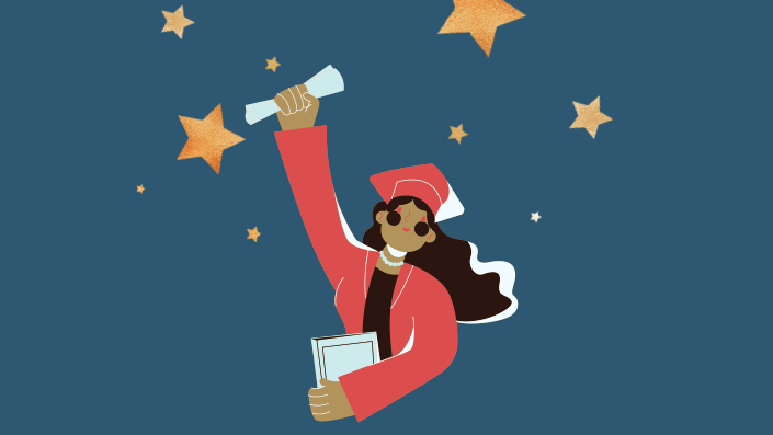 Simple illustration of graduate in cap and gown holding up a degree.