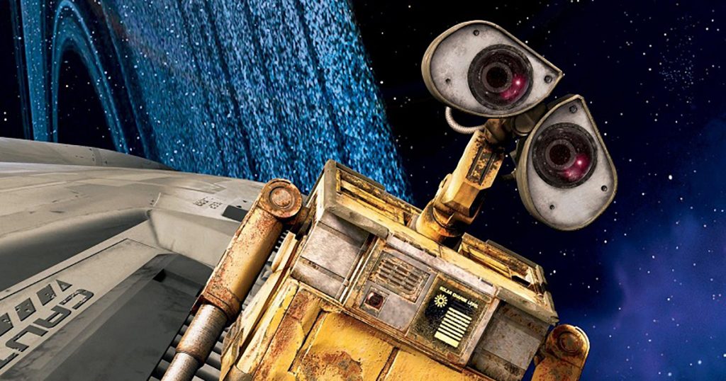 Still from the movie Wall-E (robot in space with large inquisitve eyes)