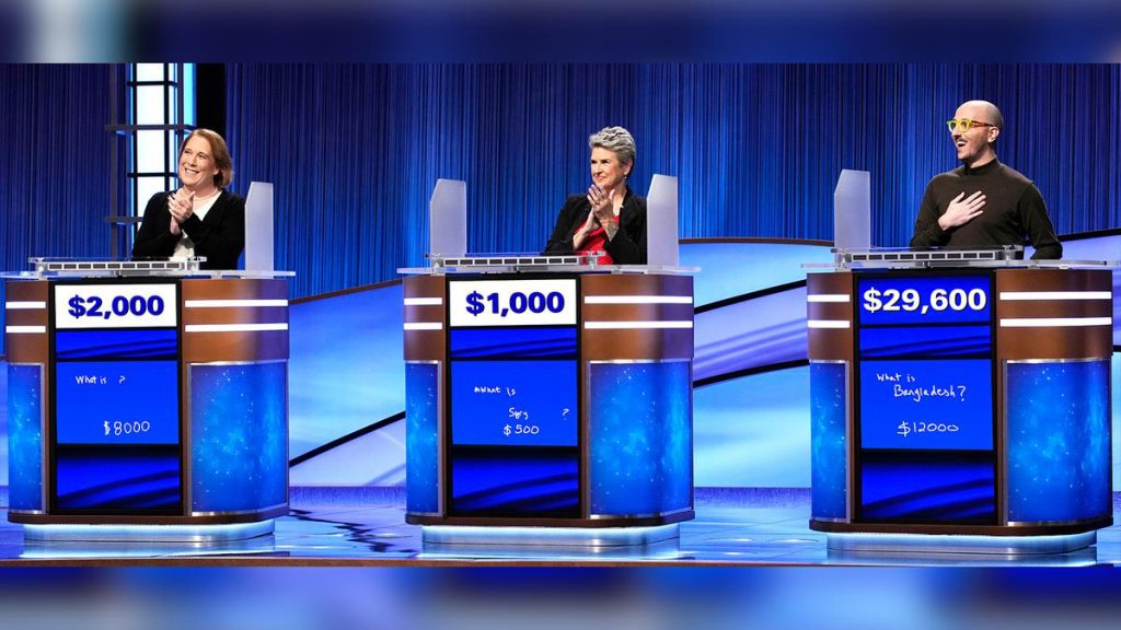 Screenshot of three contestants on Jeopardy!