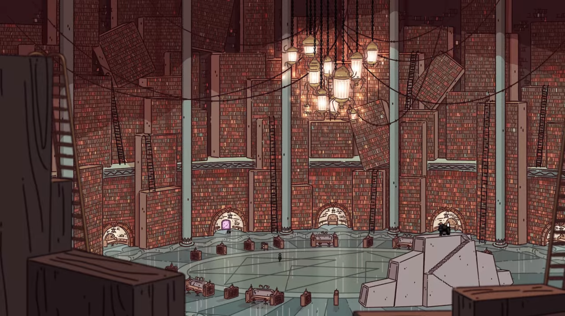 Still from the animated Netflix show Hilda featuring a secret room in a library