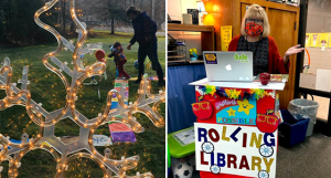 A photo of an adult and a child enjoying a life-size Candyland game on a library's grounds and a photo of a librarian with a seasonally-decorated book cart
