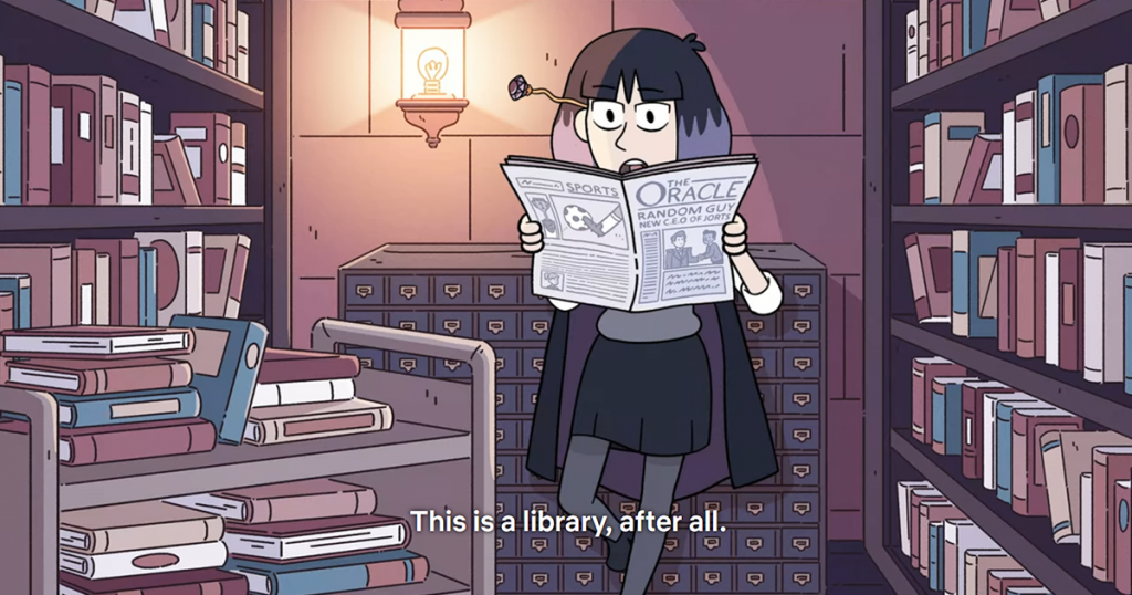 Still from the animated Netflix show Hilda featuring Kaisa the librarian