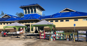 An outdoor pop-up library at the Calcasieu Parish Public Library