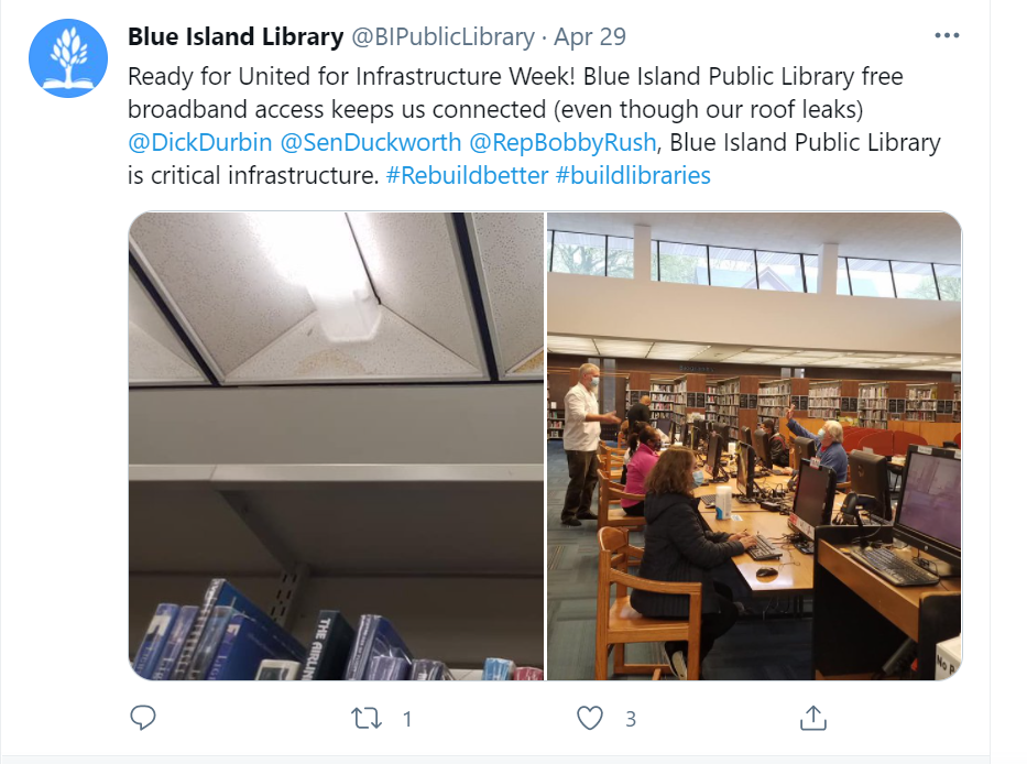 Ready for United for Infrastructure Week! Blue Island Public Library free broadband access keeps us connected (even though our roof leaks) @DickDurbin @SenDuckworth @RepBobbyRush, Blue Island Public Library is critical infrastructure. #Rebuildbetter