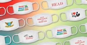 A variety of face masks featuring library-themed slogans and graphics