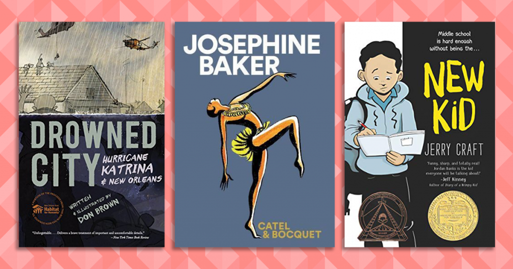 Book covers: Drowned City, Josephine Baker, and New Kid