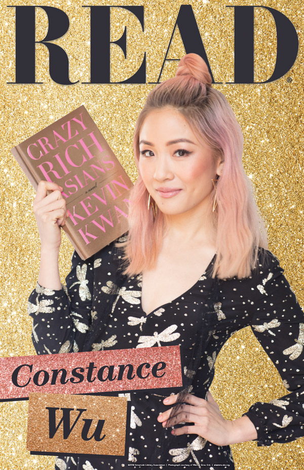 ALA READ poster featuring COnstance Wu holding the book "Crazy Rich Asians"