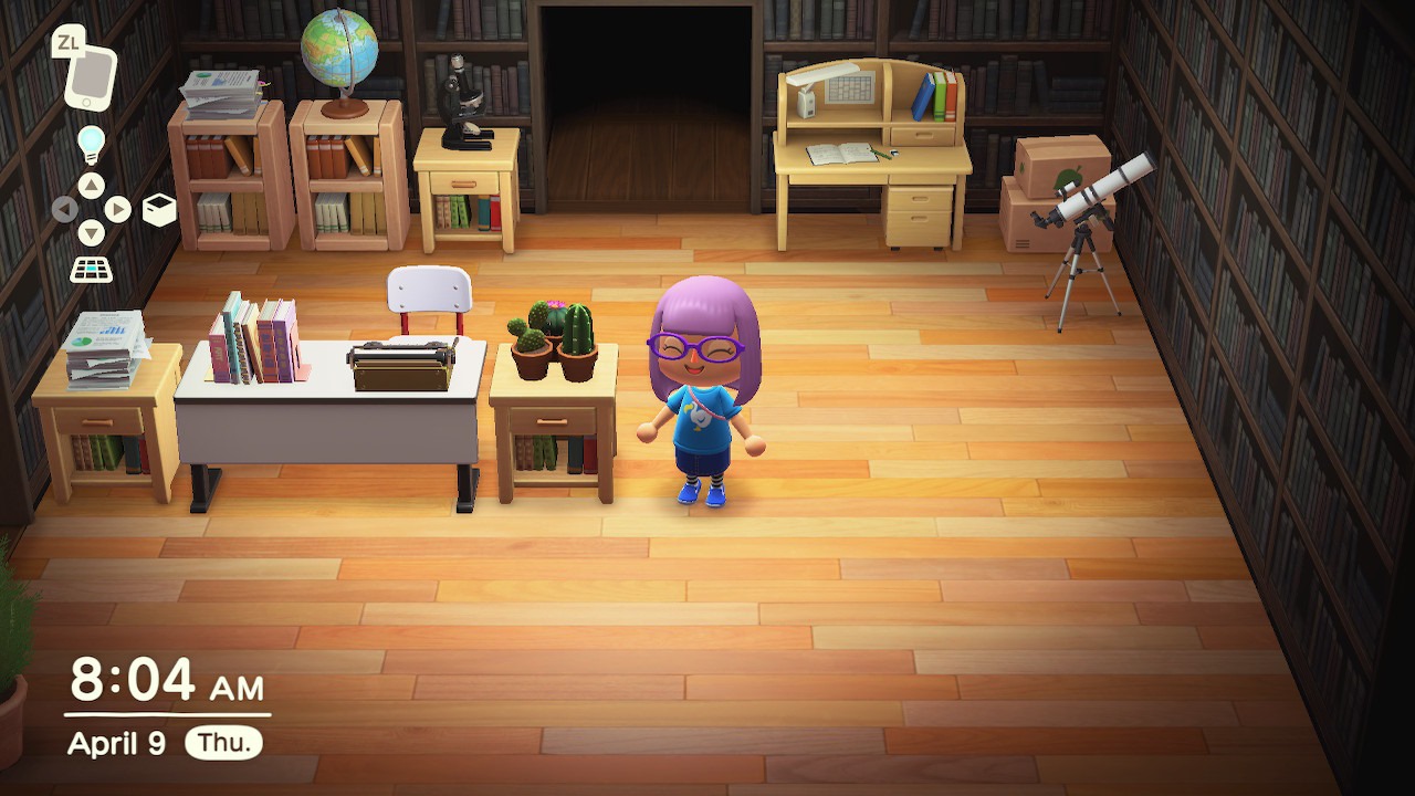 A screenshot from the video game Animal Crossing featuring a library with bookshelves, a telescope, and a globe