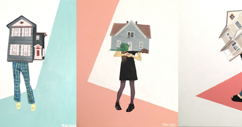 Three paintings of women with houses for heads
