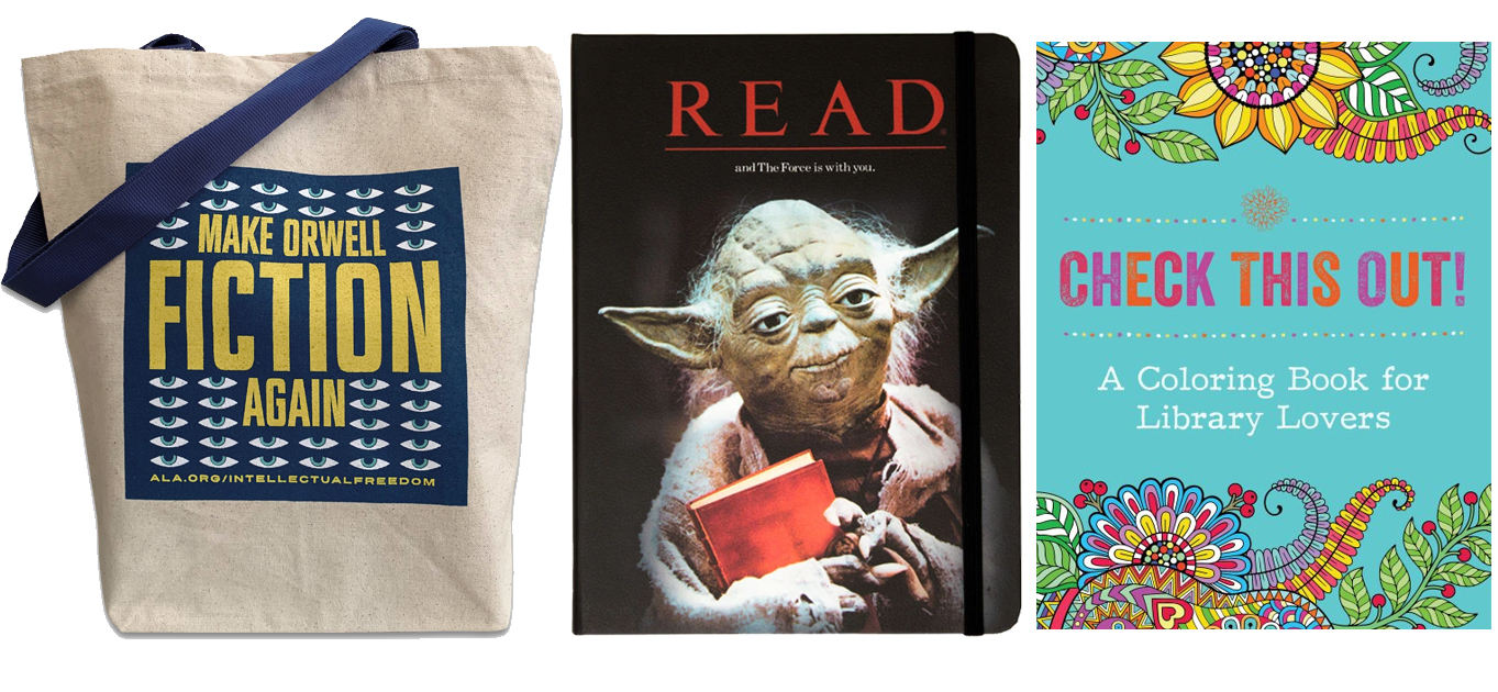 Tote bag with "Make Orwell Fiction Again;" Yoda READ poster; clorong book for library lovers