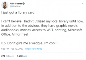 Tweet reading, I just got a library card! I can't believe I haven't utilized my local library until now. In addition to the obvious, they have graphic novels, audiobooks, movies, access to WiFi, printing, Microsoft Office. All for free!