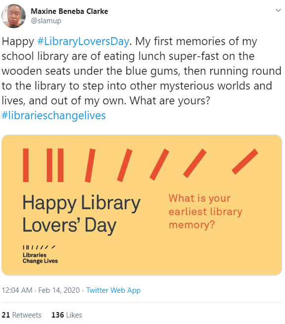 Tweet reading, My first memories of my school library are of eating lunch super-fast on the wooden seats under the blue gums, then running around to the library to step into other mysterious worlds and lives, and out of my own.