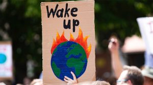A hand holding up a sign reading Wake up and a drawing of a burning globe at a protest