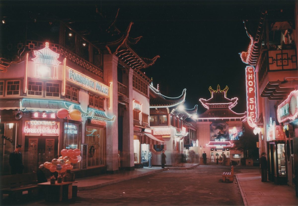 Los Angeles Public Library, Security Pacific National Bank Photo Collection. Chinatown Central Plaza by night (c. 1940)