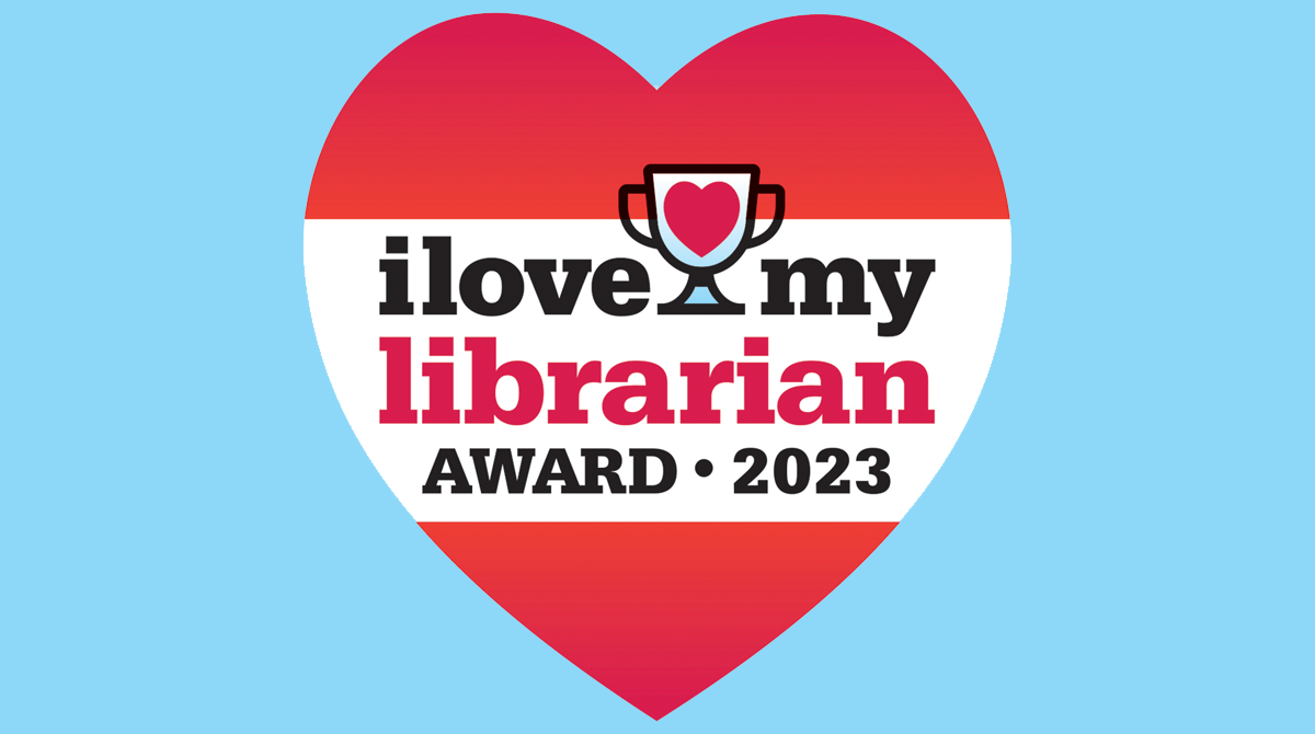 I Love My Librarian Award 2023 square logo with heart and blue background