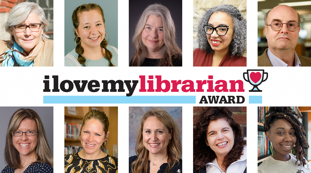 Composite of ten photos of individual librarians with I Love My Librarian Award logo