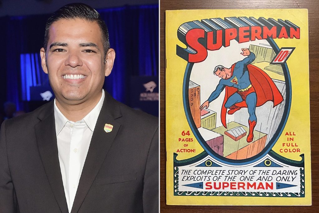 Representative Robert Garcia and a copy of Superman no. 1
