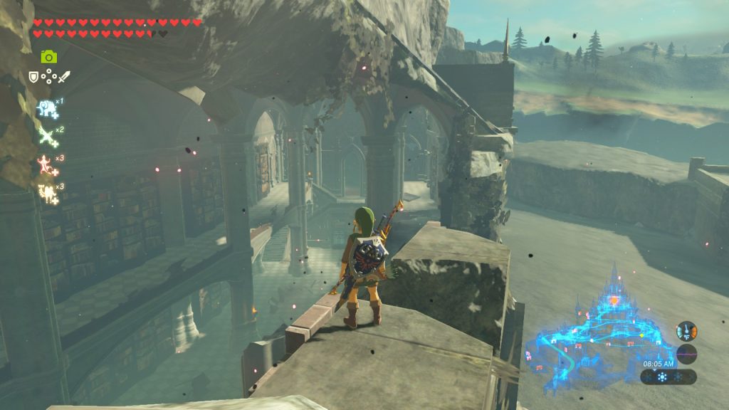 Part of the Hyrule Castle Library’s roof has collapsed after the Great Calamity in The Legend of Zelda: Breath of the Wild. Screenshot by Chase Ollis / Nintendo.