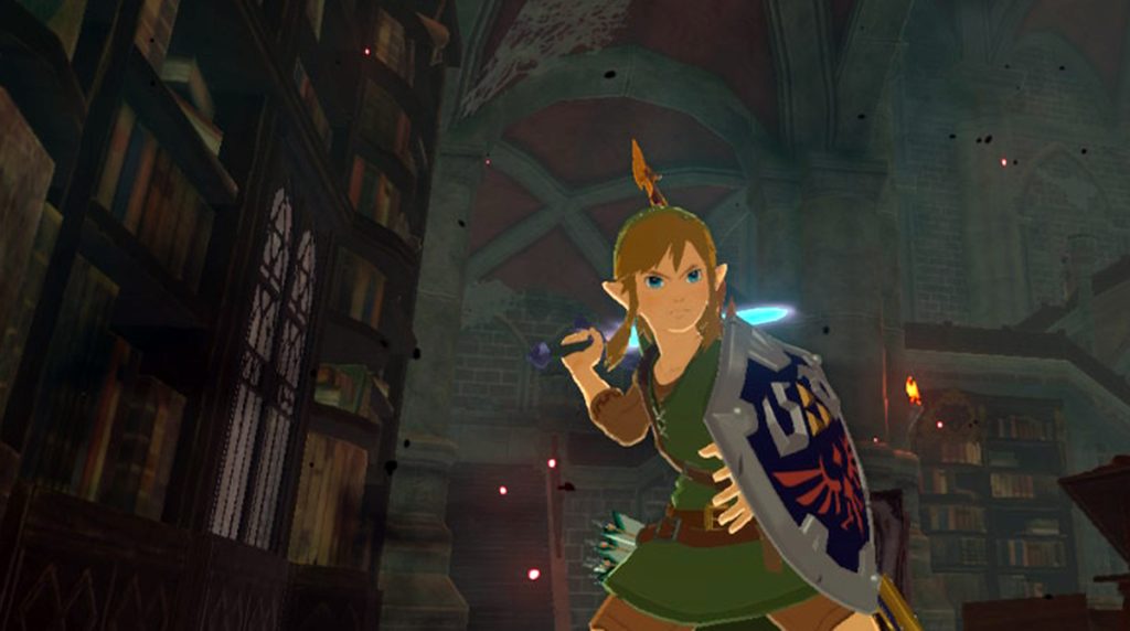 Link stands ready to battle in the Hyrule Castle Library in The Legend of Zelda: Breath of the Wild. Screenshot by Chase Ollis / Nintendo.