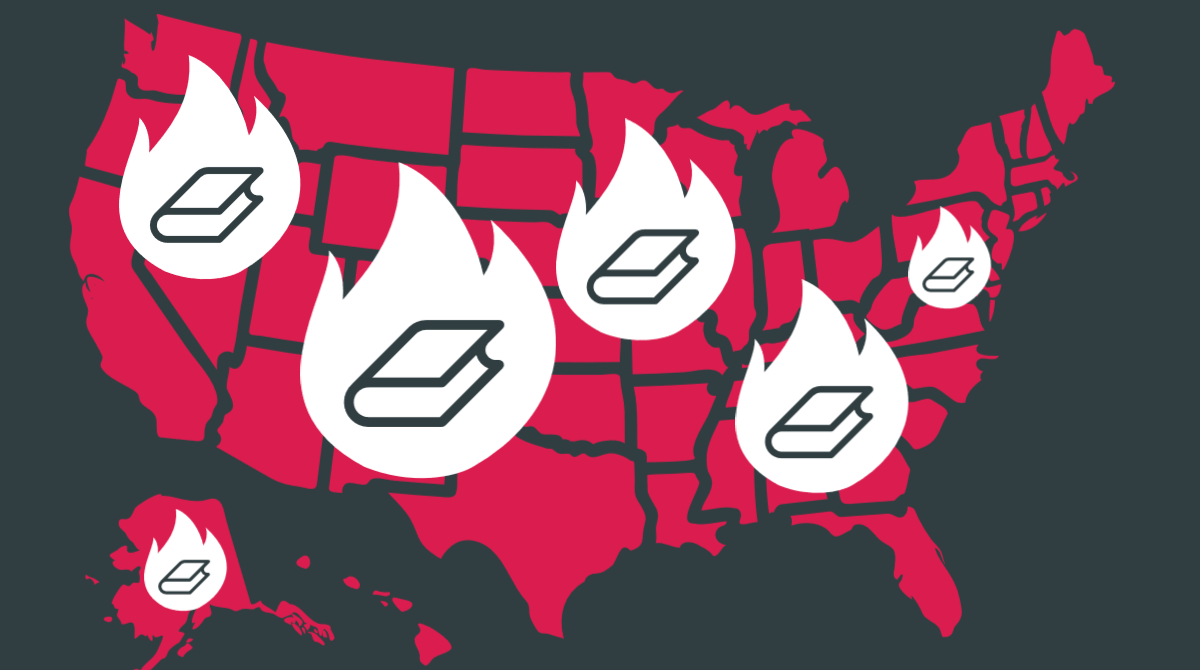 Map of the United States with several books engulfed in flames scattered across the map.