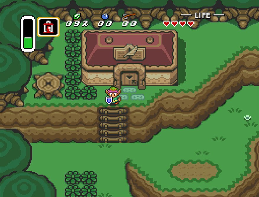 Link stands outside of the library in The Legend of Zelda: A Link to the Past. Screenshot by Chase Ollis / Nintendo.