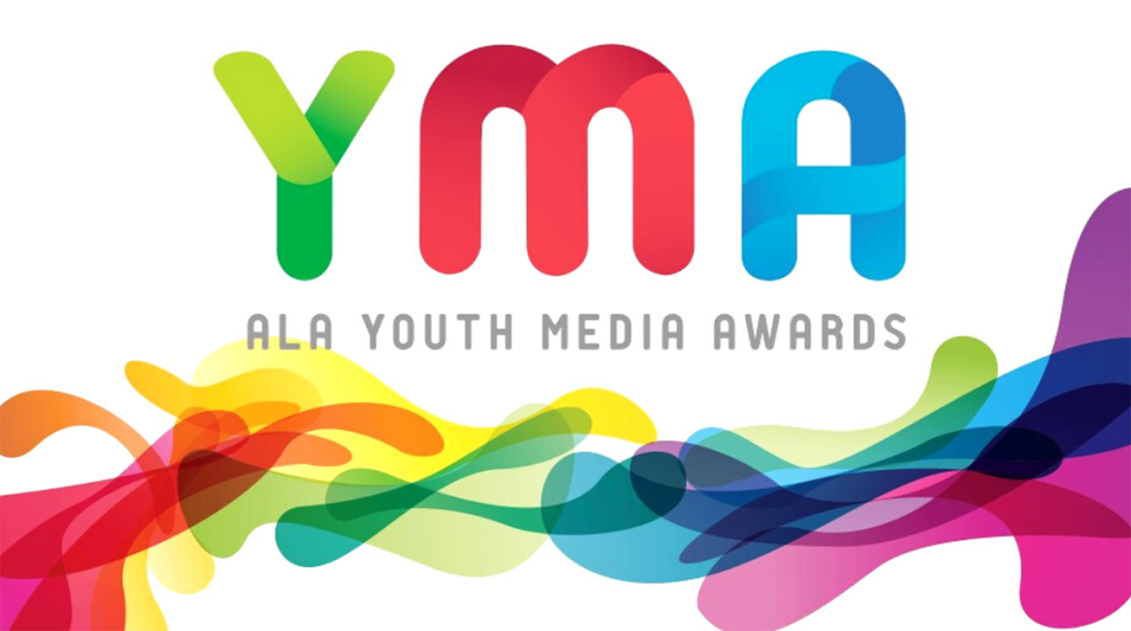 Text in colorful font that reads "YMA: ALA Youth Media Awards" above a colorful spectrum design.