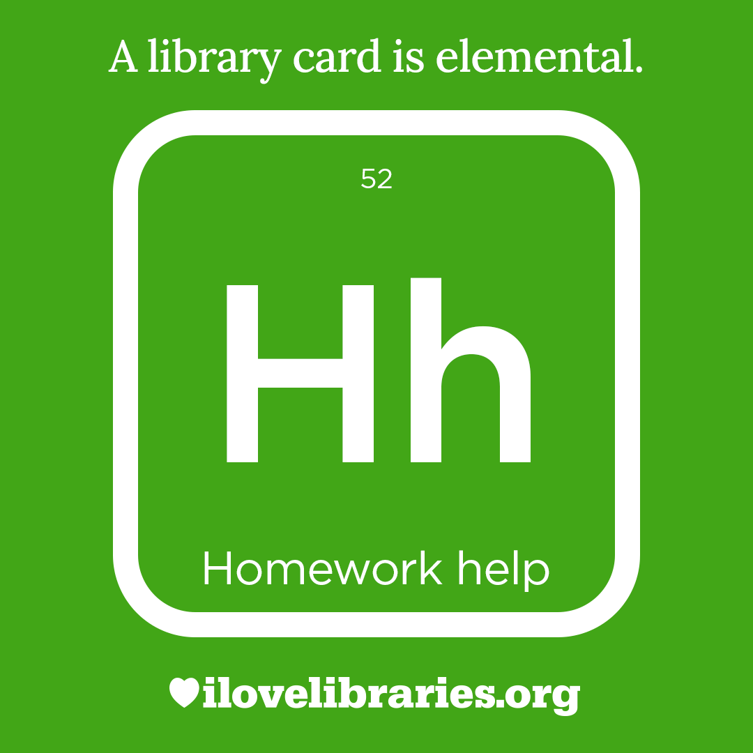 A library card is elemental. ILoveLibraries.org
Depiction of things available at the library as an element from the periodic table. Homework help. 52. Hh