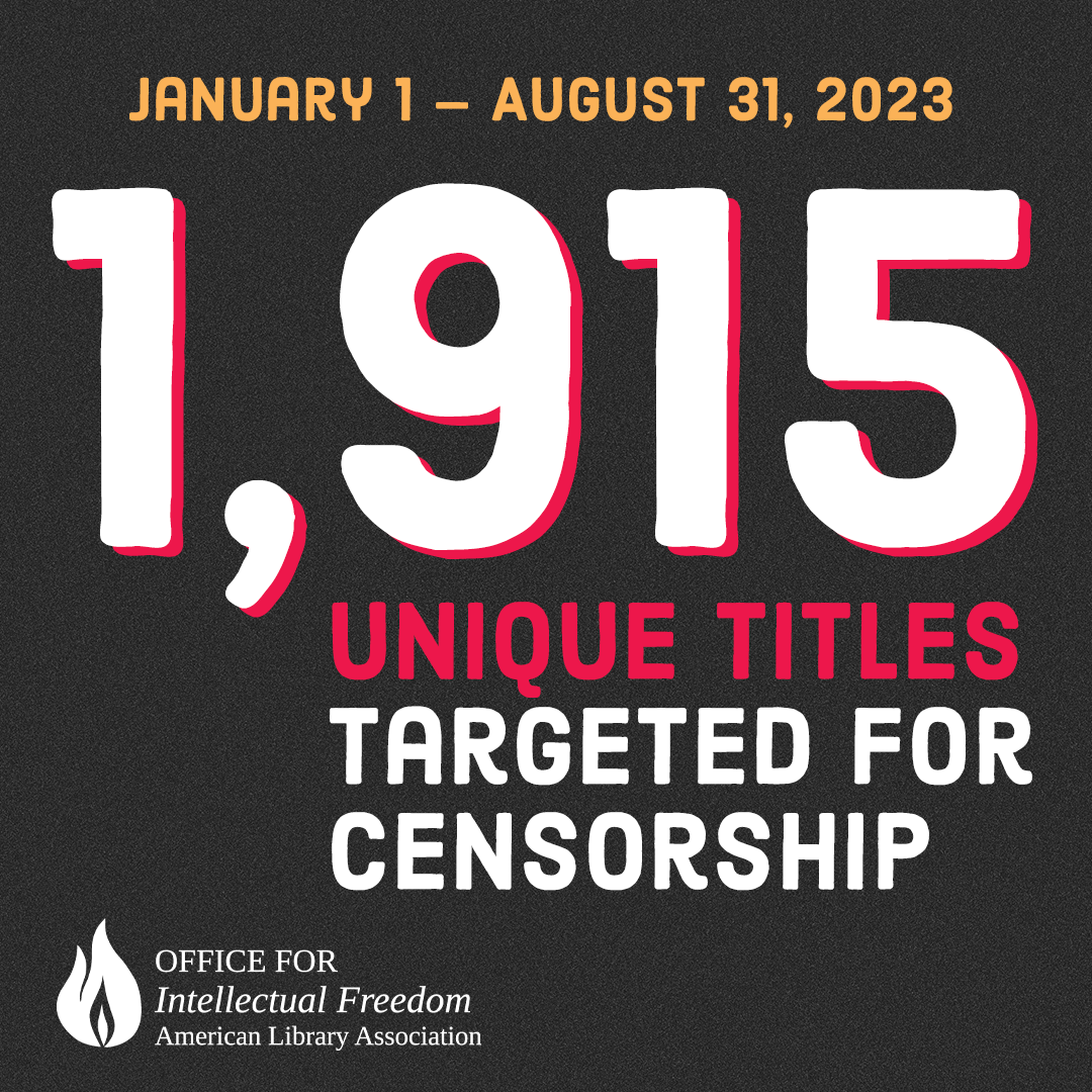 January 1 - August 31, 2023: 1,915 unique titles targeted for censorship. Office for Intellectual Freedom, American Library Association