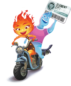 "Elemental" characters Ember and Wade ride a scooter, as Wade brandishes a large Element City Public Library library card