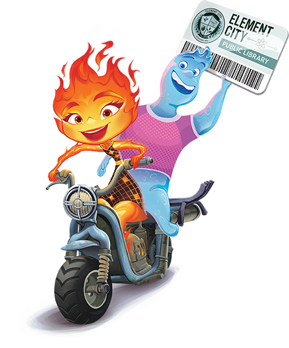 "Elemental" characters Ember and Wade ride a scooter, as Wade brandishes a large Element City Public Library library card