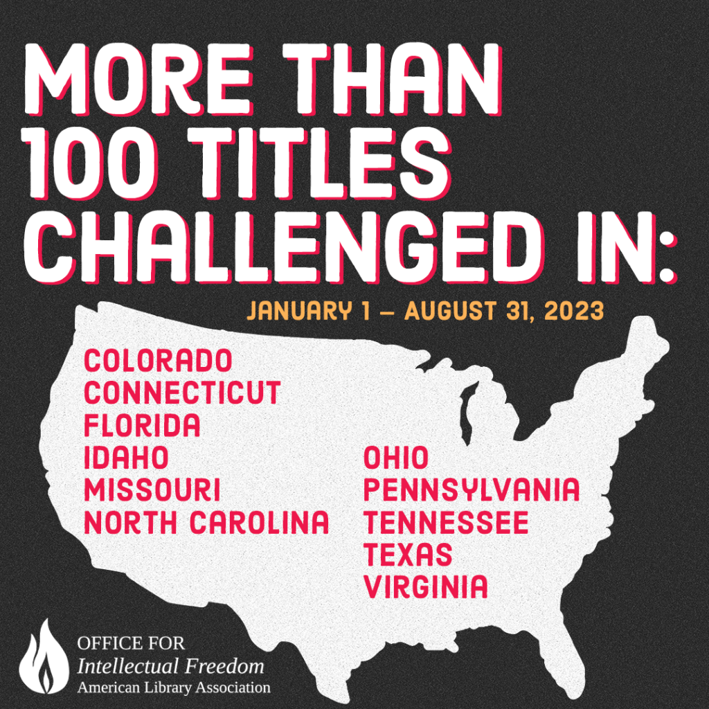 More Than 100 Titles Challenged In: January 1 - August 31, 2023: Colorado, Connecticut, Florida, Idaho, Missouri, North Carolina, Ohio, Pennsylvania, Tennessee, Texas, Virginia. Office for Intellectual Freedom, American Library Association