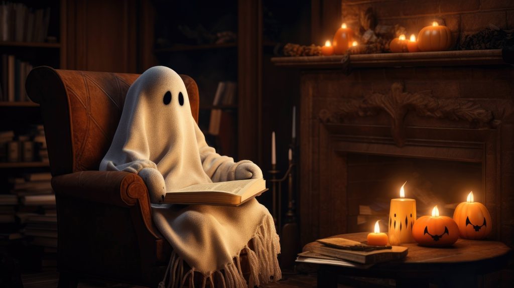 ghost reading by a fire