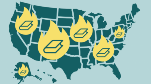 Simple illustration of United States map with books on fire in various locations