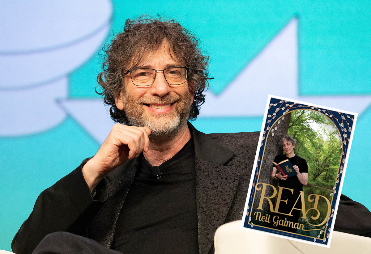 Neil Gaiman seated and his READ poster