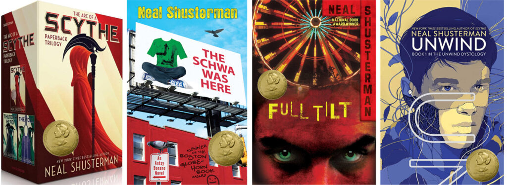 Book covers: Arc of the Scythe trilogy, The Schwa Was Here, Full Tilt, and Unwind.