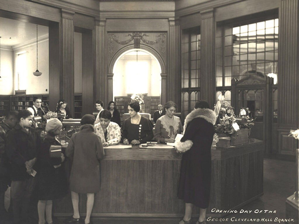 Hall Branch opening day, January 1932. Vivian Harsh, center. Source: Vivian G. Harsh Research Collection, George Cleveland Hall Branch Archives, Photo 084