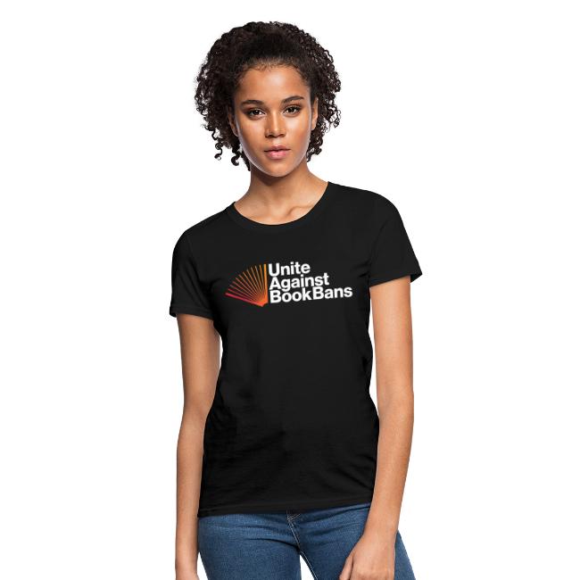 A woman wearing a Unite Against Book Bans t-shirt