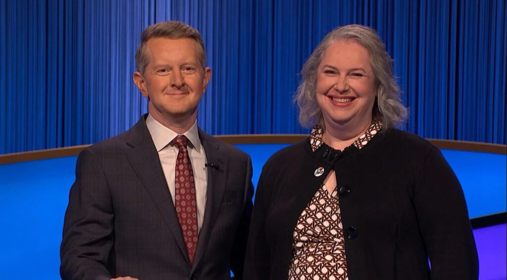 Jeopardy! host Ken Jennings and librarian Abby Mann