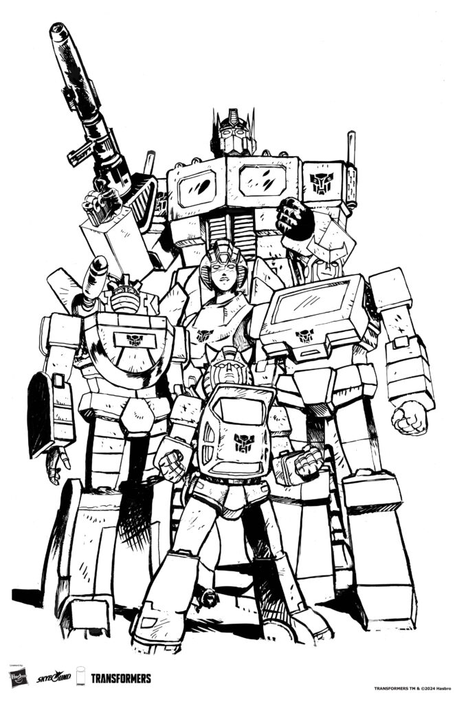 TRANSFORMERS coloring sheet featuring a group of Autobots